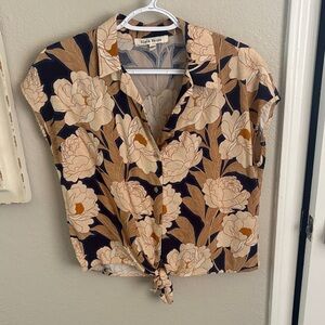 Black Rainn Navy Floral Tie-Front Blouse with Beige Blossoms